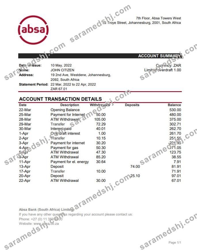 South Africa ABSA bank statement xls
